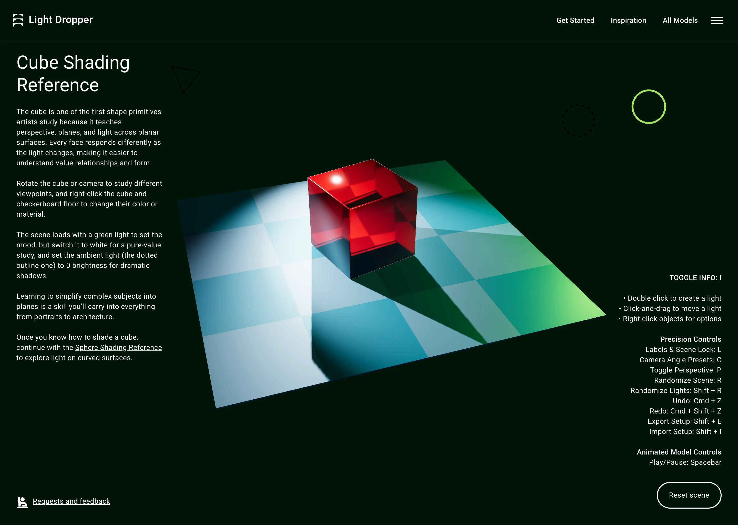 Red transparent cube casting shadows on a blue and green checkerboard floor under directional lighting.