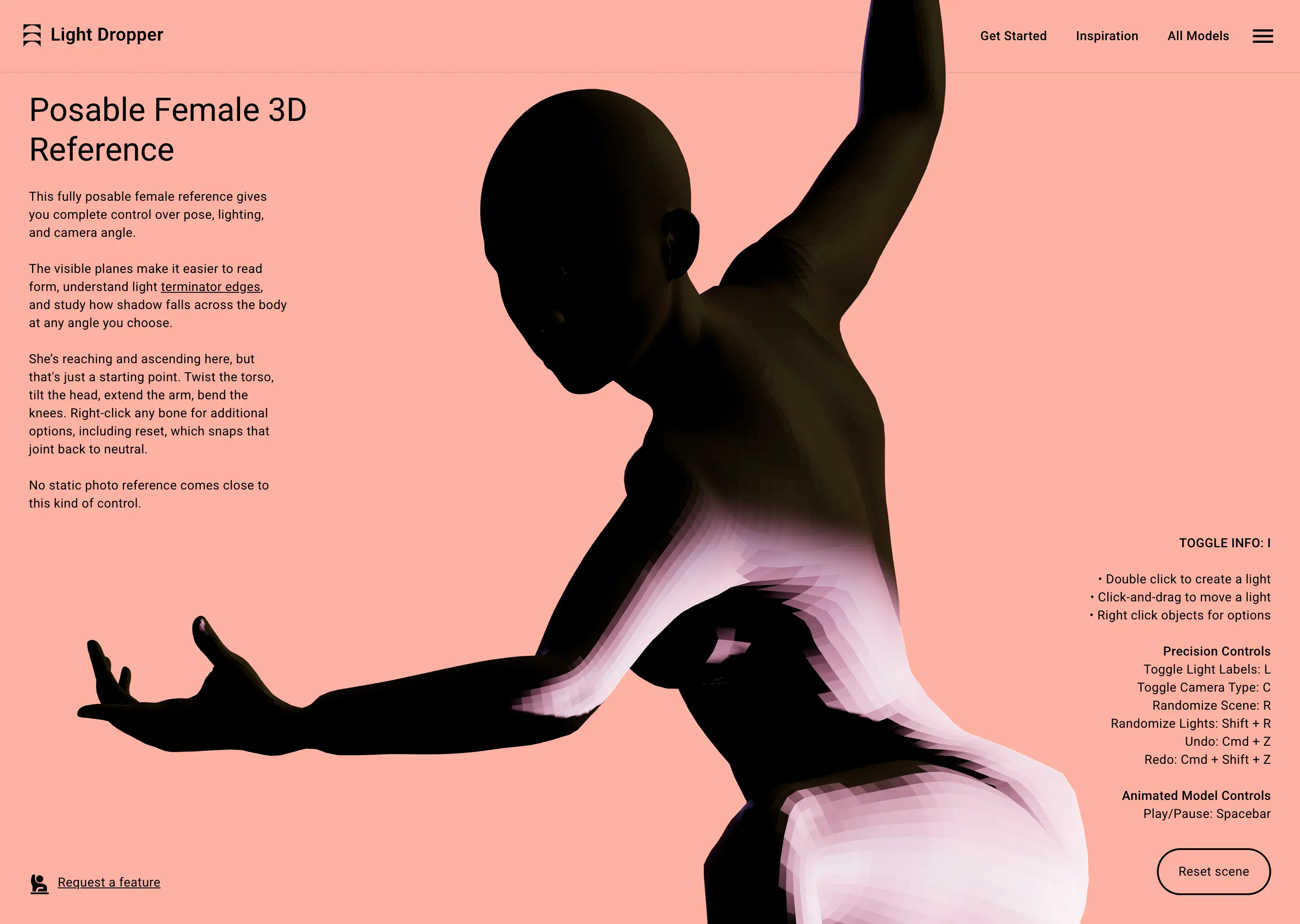 Posable 3D female figure reaching upward on peach background with user controls text on sides.