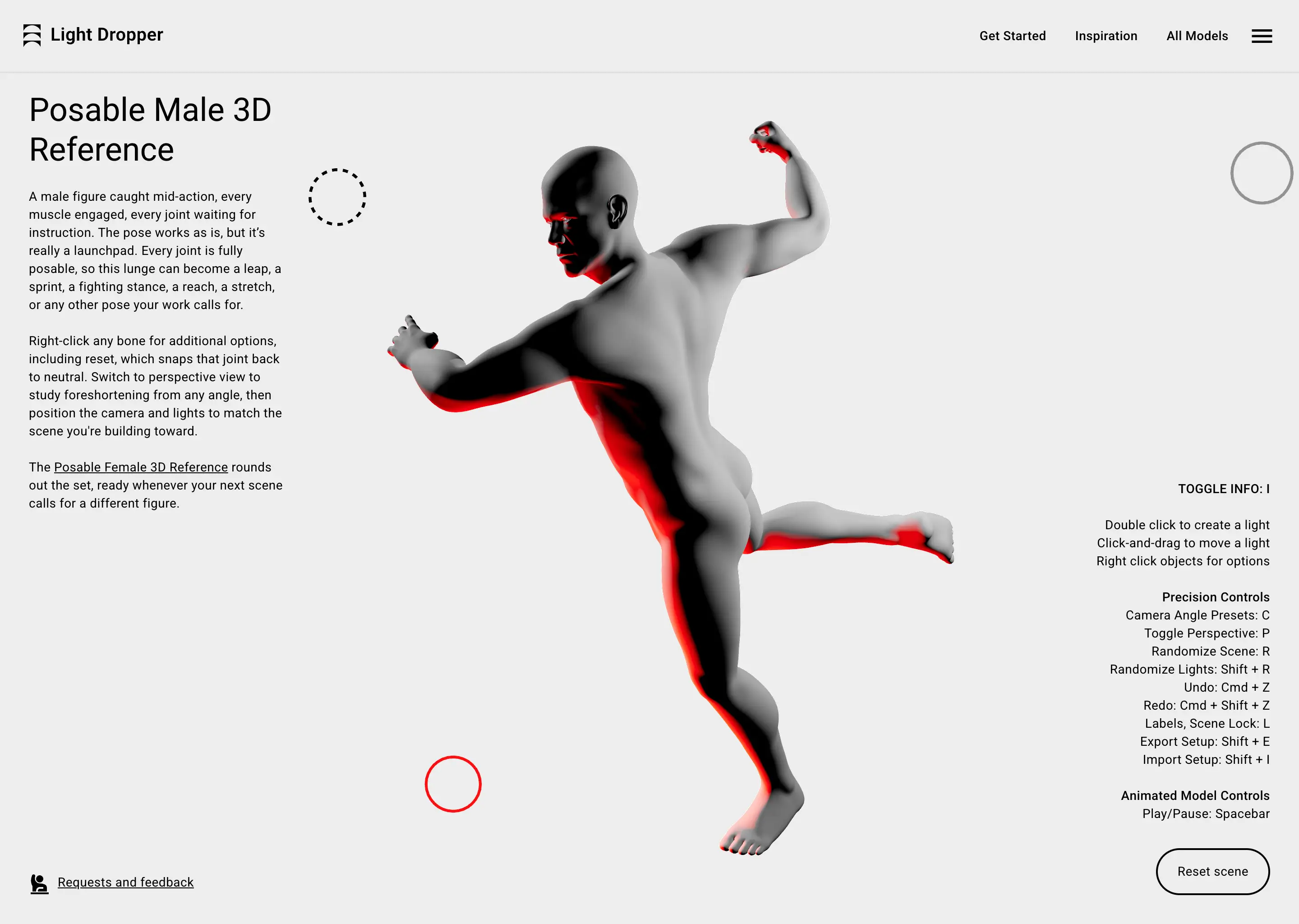 3D male figure in a dynamic lunge pose with red shadows on a light white background.