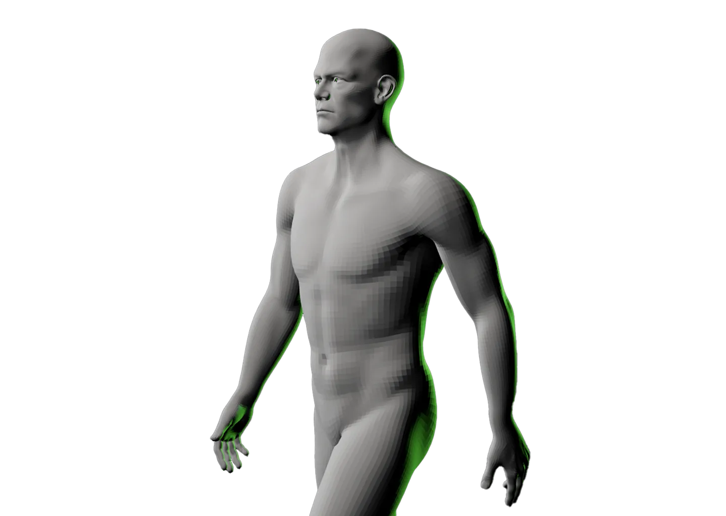 3D male figure walking, facing left, with a green rim light on a transparent background.