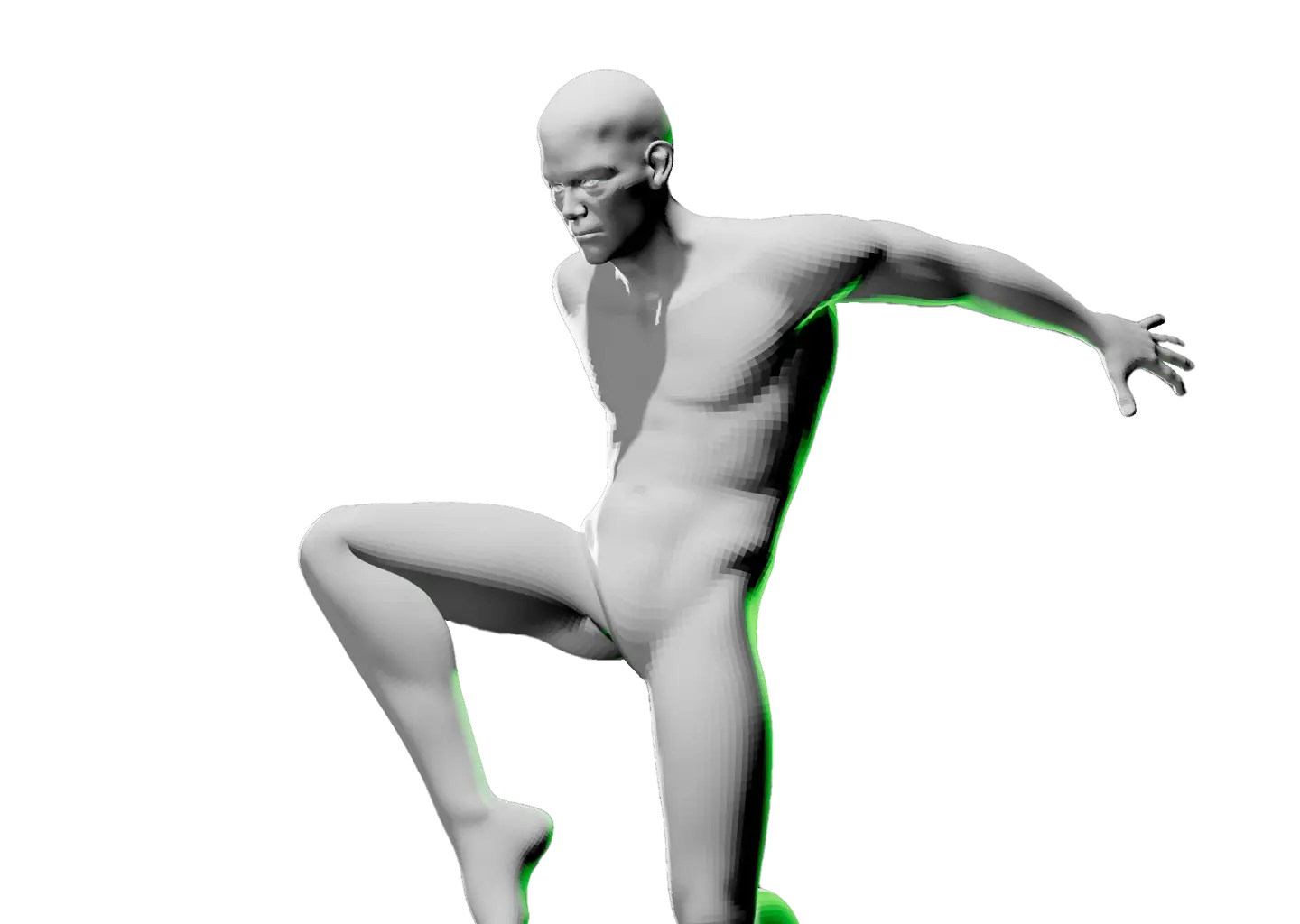 Male posable model in dynamic pose with one leg raised and arms outstretched with green highlight on right.
